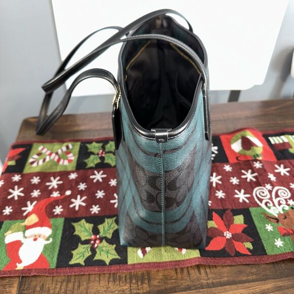 Coach Zip Top Tote with Green And Black Field Plaid Print (Style F80028) - Picture 10 of 11